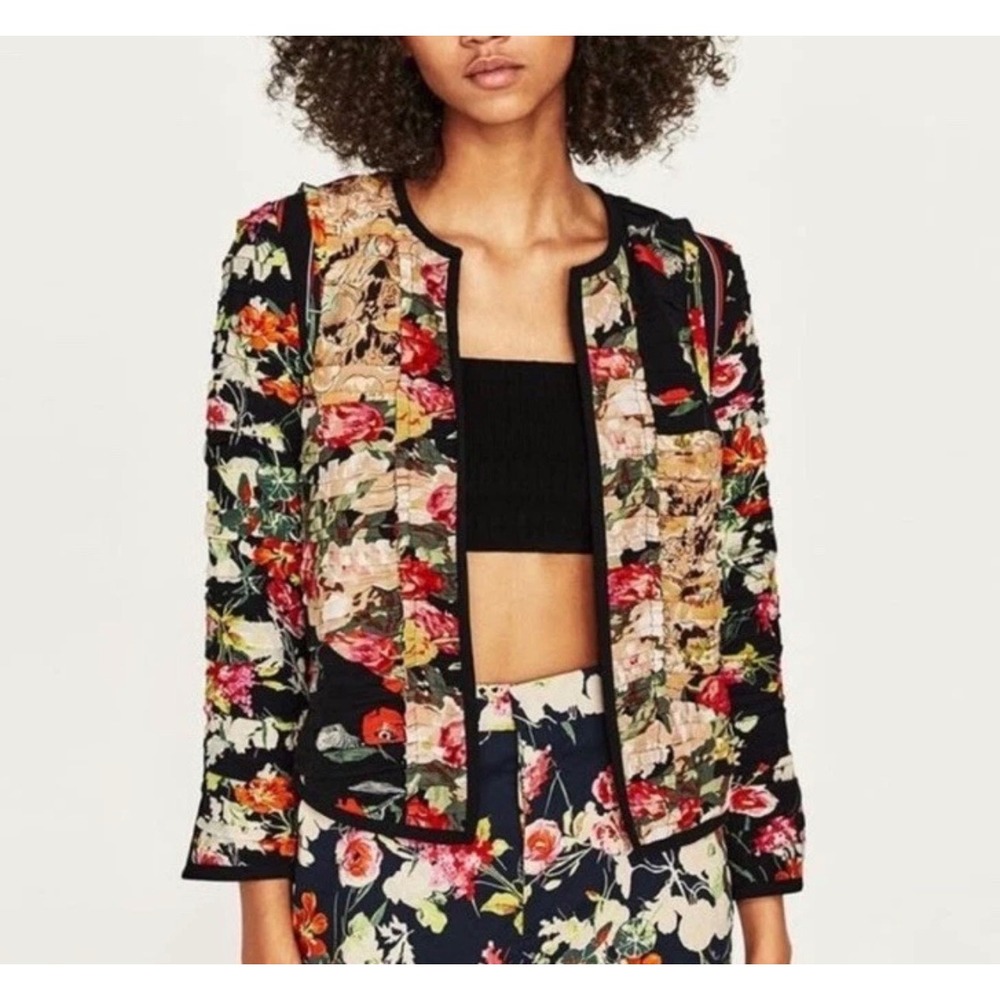 Zara Floral Patchwork Jacket Small Open Front Sta… - image 1